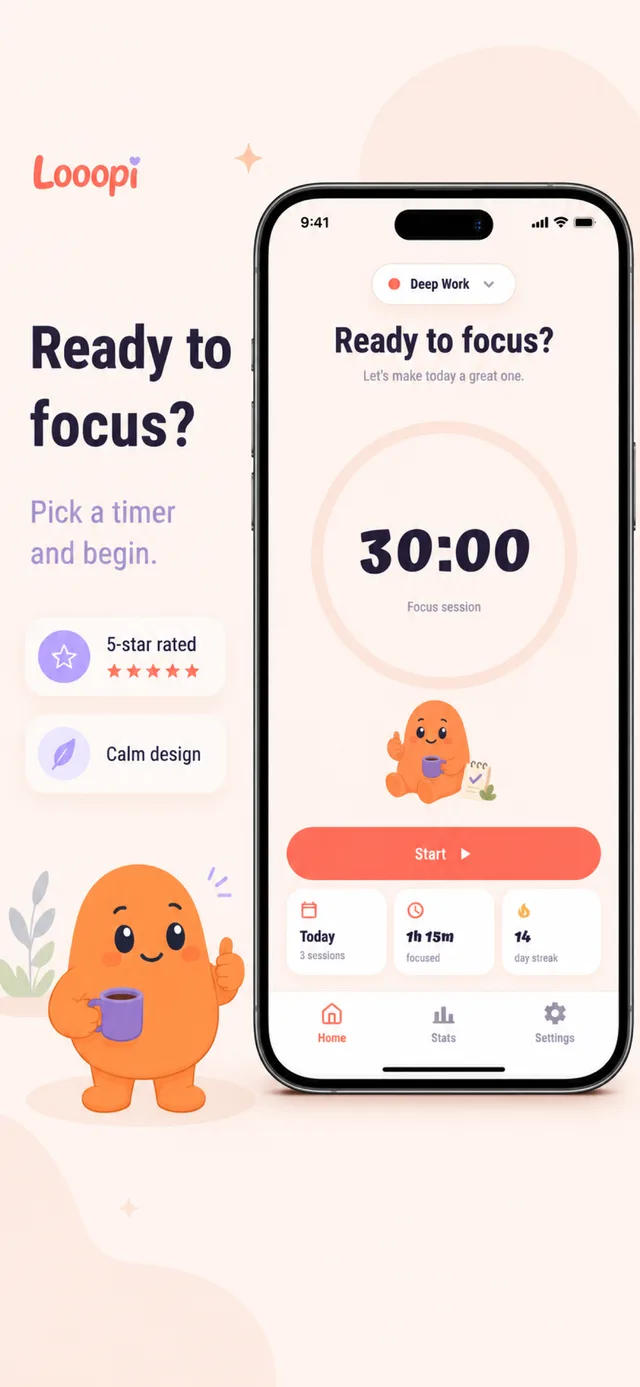 Looopi home screen with a 30:00 Deep Work focus timer ready to start